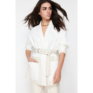 Trendyol White Color Block Belted Oversize Denim Jacket