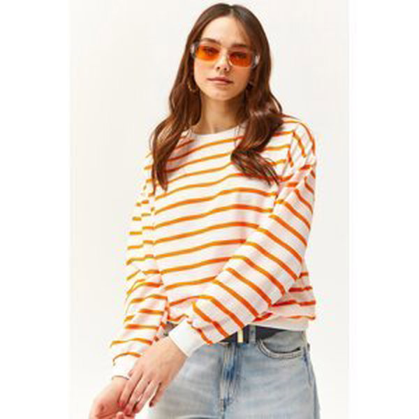 Olalook Women's White Neon Orange Basic Soft Textured Loose Sweatshirt