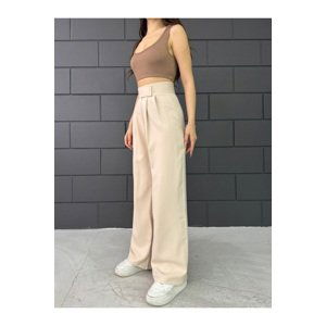 BİKELİFE Women's Beige Lycra Velcro Closure Palazzo Wide Leg Trousers