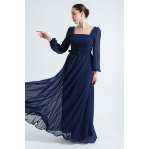 Lafaba Women's Navy Blue Square Neck Long Chiffon Evening Dress