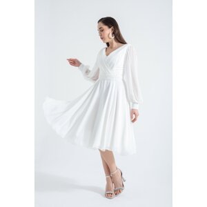 Lafaba Women's White V-Neck Pearls Midi Evening Dress
