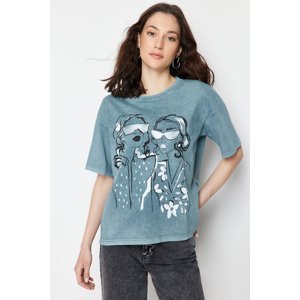 Trendyol Gray Printed Relaxed Crew Neck Washed Knitted T-Shirt