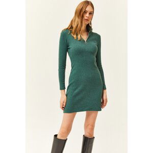 Olalook Women's Green High Neck Zippered Thick Ribbed Mini Dress