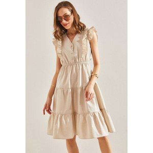 Bianco Lucci Women's Frilly Waist Elastic Buttoned Flared Dress