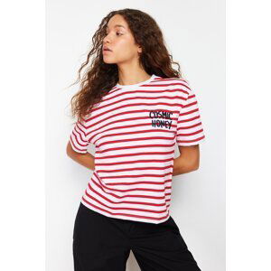 Trendyol Red-White Striped Slogan Embroidery Detailed Relaxed/Comfortable Fit Knitted T-Shirt