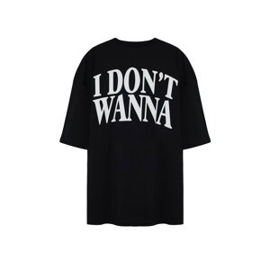 Trendyol Large Size Black Oversize Text Printed 100% Cotton Comfortable T-shirt