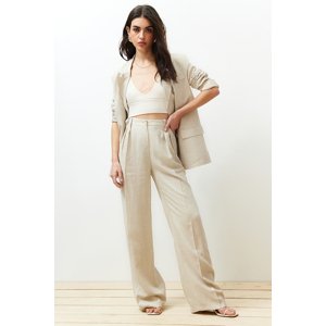 Trendyol Beige Ribbed Wide Leg Cotton Linen Woven Trousers