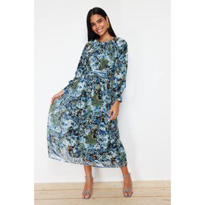 Trendyol Black Blue Floral Belt Detailed Woven Dress