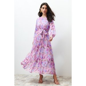 Trendyol Pink Floral Sash Detailed Lined Pleated Chiffon Woven Dress