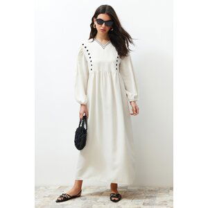 Trendyol Ecru V-Neck Detailed Woven Linen Look Dress