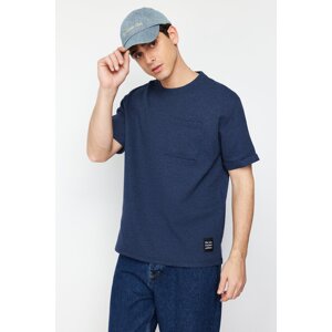 Trendyol Basic Indigo Relaxed Textured Waffle Short Sleeve T-Shirt with Pocket Label