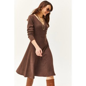 Olalook Women's Bitter Brown Button Detailed Double Breasted Midi Bell Dress