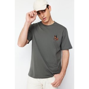 Trendyol Gray Relaxed/Casual Fit Horse/Animal Embroidered Short Sleeve 100% Cotton T-Shirt