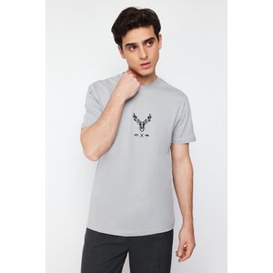 Trendyol Gray Regular/Regular Cut Deer Embroidered 100% Cotton T-Shirt