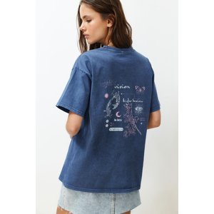 Trendyol Indigo 100% Cotton Faded Effect Back Printed Boyfriend Crew Neck Knitted T-Shirt