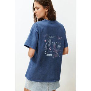 Trendyol Indigo 100% Cotton Faded Effect Back Printed Boyfriend Crew Neck Knitted T-Shirt