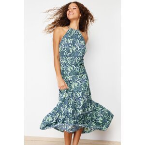 Trendyol Green Printed Skater/Water Open Halter Neck Ribbed Elastic Knitted Maxi Dress