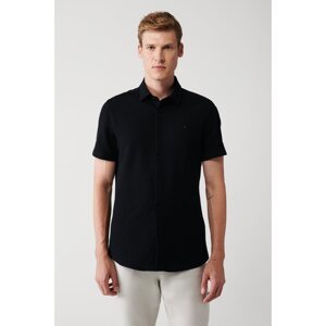 Avva Men's Black Easy-to-Iron Classic Collar Knitted Lycra Cotton Slim Fit Slim Fit Short Sleeve Shirt