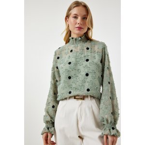 Happiness İstanbul Women's Almond Green Marked Polka Dot Woven Blouse