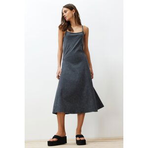 Trendyol Anthracite 100% Cotton Antique/Pale Effect Cotton Strap Knitted Midi Dress