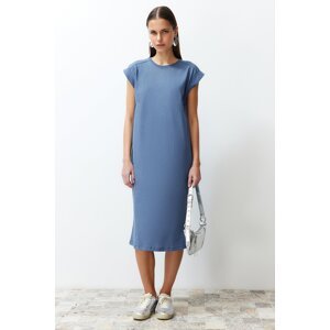 Trendyol Indigo Plain T-shirt Dress 100% Cotton Moon Sleeve Shift/Casual Fit Midi Midi Dress