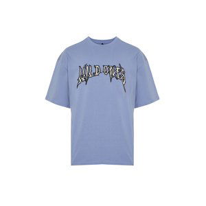 Trendyol Blue Oversize Custom Embroidered 100% Cotton T-Shirt