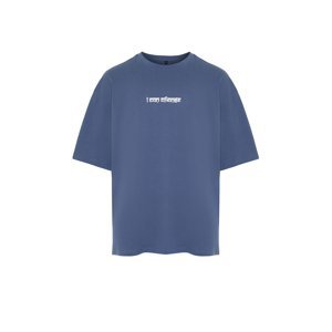 Trendyol Indigo Oversize Text Printed 100% Cotton T-Shirt