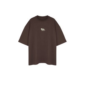 Trendyol Plus Size Dark Brown Oversize Animal Print Embroidery 100% Cotton T-Shirt