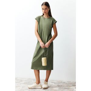 Trendyol Khaki 100% Cotton Moon Sleeve Shift/Comfortable Cut Midi Knitted Midi Dress