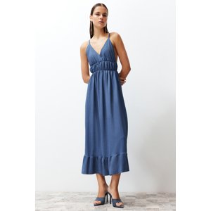 Trendyol Indigo Skirt Ruffled V-Neck Strap Maxi Ribbed Flexible Knitted Maxi Dress