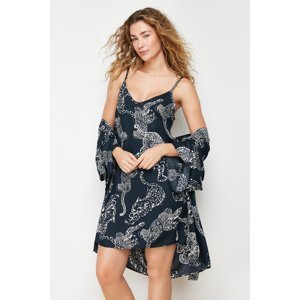 Trendyol Anthracite Animal Patterned Rope Strap Viscose Woven Nightgown