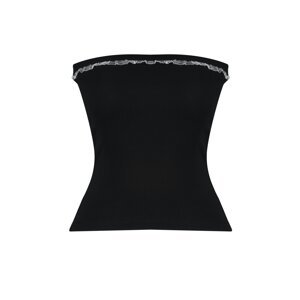 Trendyol Black Ribbed Strapless Collar Woven Garnished Fitted Cotton Flexible Crop Knitted Blouse