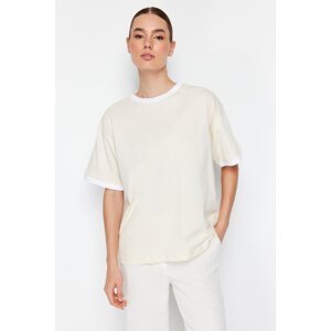 Trendyol Stone 100% Cotton Contrast Collar and Stripe Detail Oversize/Casual Fit Knitted T-Shirt
