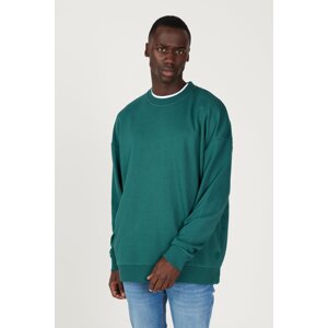 AC&Co / Altınyıldız Classics Men's Dark Green Oversize Wide Fit 3 Thread Crew Neck Cotton Sweatshirt