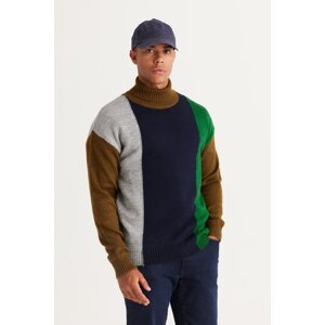AC&Co / Altınyıldız Classics Men's Khaki-navy blue Oversize Fit Loose Cut Full Turtleneck Soft Textured Knitwear Sweater