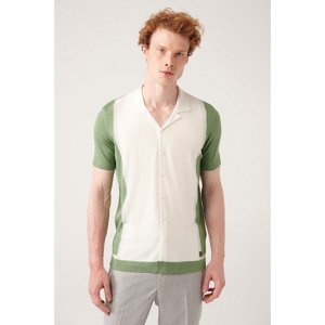Avva Men's Water Green Cuban Collar Color Block Regular Fit Buttoned Knitwear T-shirt