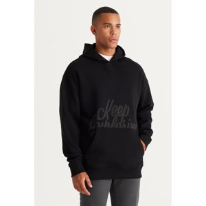 AC&Co / Altınyıldız Classics Men's Black Oversize Fit Loose-Fit Hooded 3 Thread Printed Sweatshirt with Fleece Inside