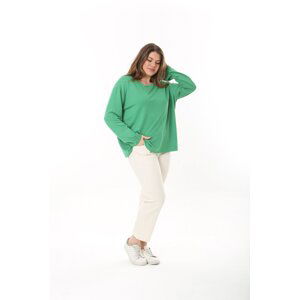 Şans Women's Plus Size Green Crew Neck Long Sleeve Blouse