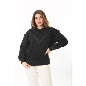 Şans Women's Plus Size Black Lace And Ruffle Detail Inner Raising Sweatshirt