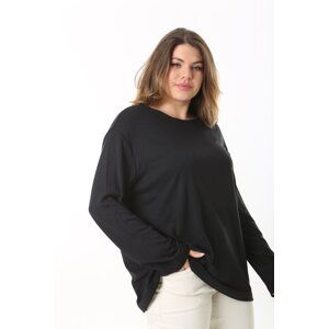 Şans Women's Plus Size Black Crew Neck Long Sleeve Blouse