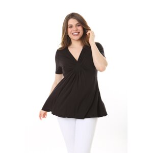 Şans Women's Plus Size Black Chest Gathered Detail V-Neck Short Sleeve Blouse