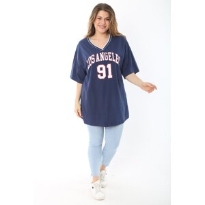 Şans Women's Plus Size Navy Blue Cotton Fabric V Neck Rib And Print Detailed Tunic