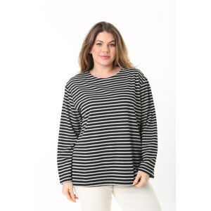 Şans Women's Plus Size Black Crew Neck Striped Blouse