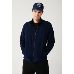 Avva Men's Navy Blue Fleece Sweatshirt Stand Collar Cold Resistant Zippered Regular Fit