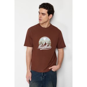 Trendyol Brown Relaxed/Casual-Fit Scenery-Text Printed 100% Cotton T-Shirt