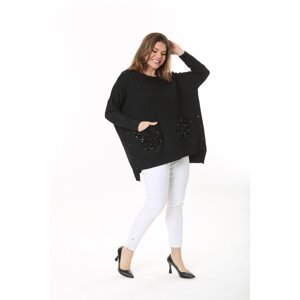 Şans Women's Plus Size Black Relaxed Cut Sequin Detailed Side Snaps Buttoned Sweatshirt