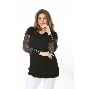 Şans Women's Plus Size Black Lace And Ornamental Metal Button Detail V-Neck Blouse