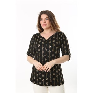 Şans Women's Plus Size Brown Front Pat Buttoned Adjustable Sleeve Lacquer Print Blouse