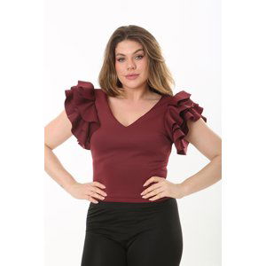 Şans Women's Plus Size Burgundy Flounce Sleeve Back Hidden Zipper Blouse