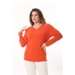 Şans Women's Plus Size Orange Stone Detailed Kiss Collar Blouse